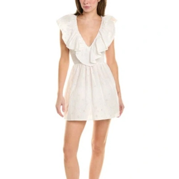 We wore what V-neck Eyelet Ruffle Mini Dress In Off White M - Picture 1 of 8